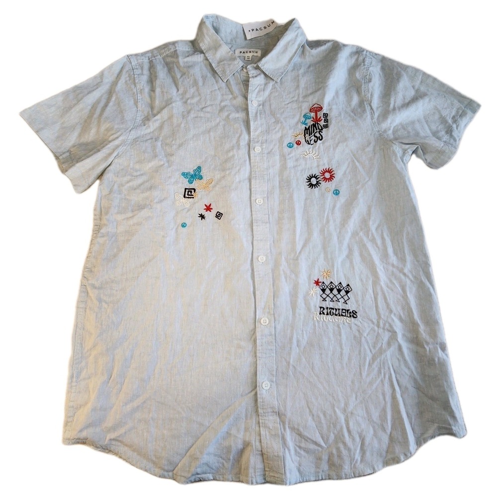 PACSUN Embroidered Button Up Shirt‎ Mens XL Linen Mindless Rituals Boho NEW